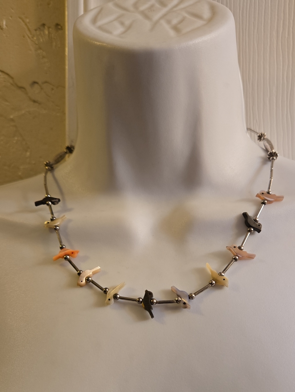 Multicolor Native American Zuni Carved Bird and Silver Bead Necklace